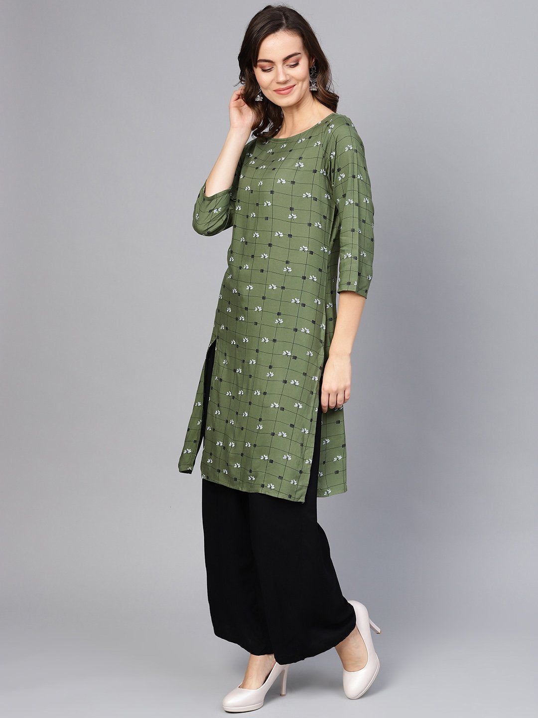 Jompers Women Olive Green & Off-White Checked Straight Kurta | Grocsy