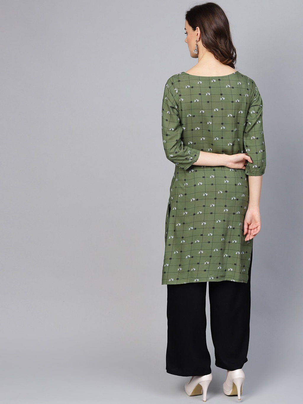 Jompers Women Olive Green & Off-White Checked Straight Kurta | Grocsy