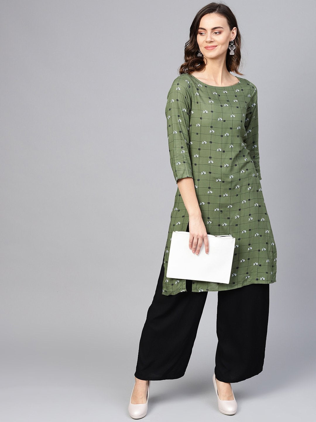 Jompers Women Olive Green & Off-White Checked Straight Kurta | Grocsy