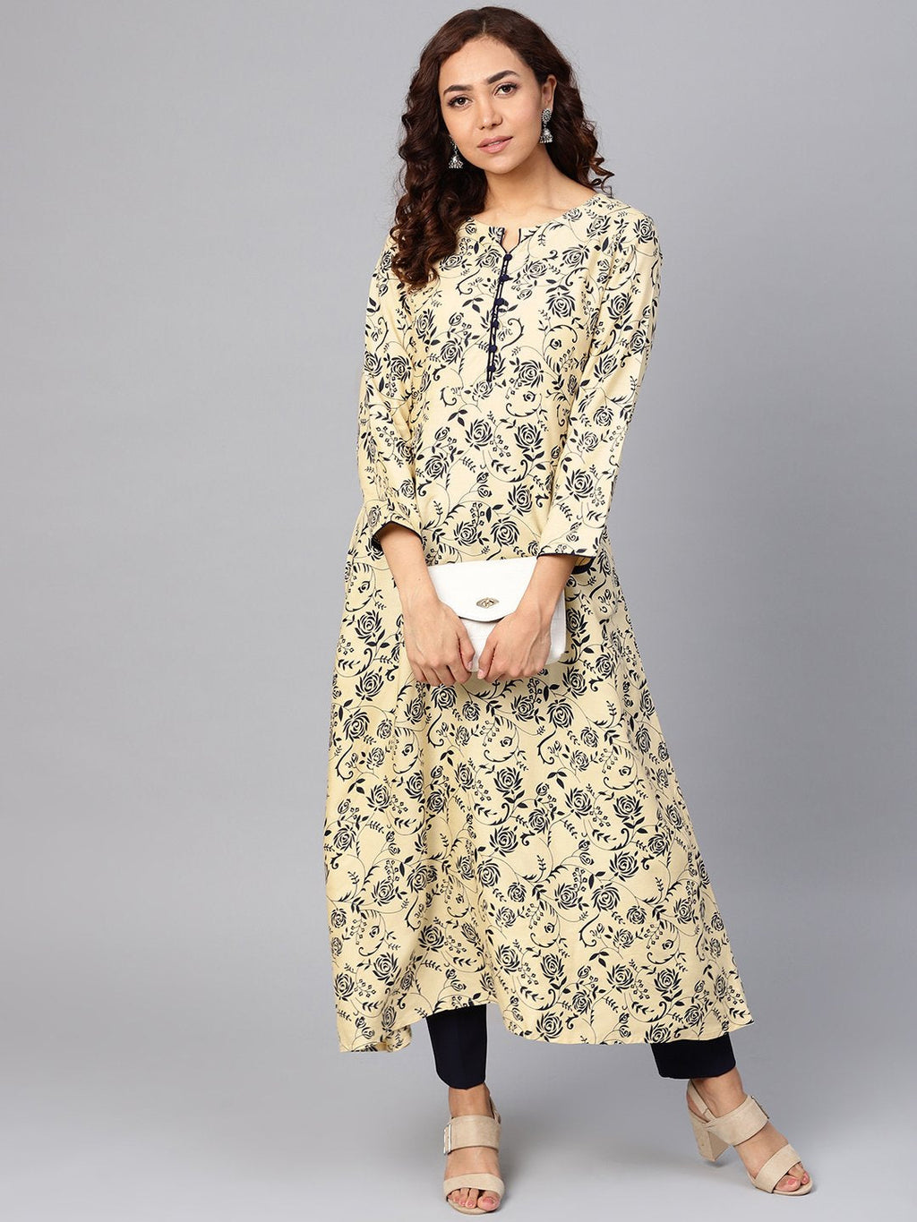 Jompers Women Cream-Coloured & Navy Blue Printed A-Line Kurta | Grocsy