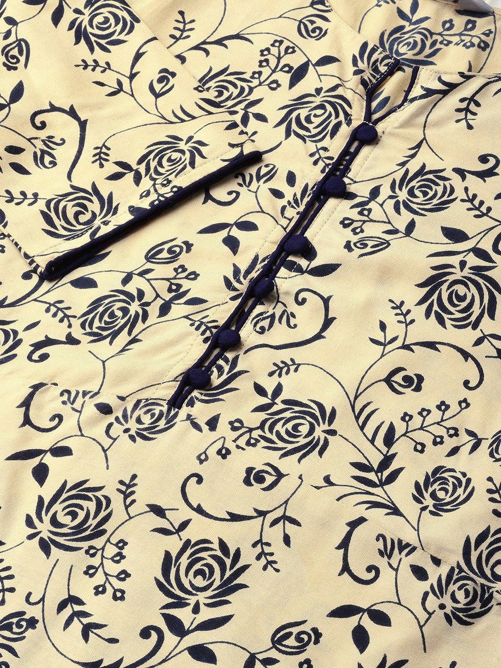 Jompers Women Cream-Coloured & Navy Blue Printed A-Line Kurta | Grocsy