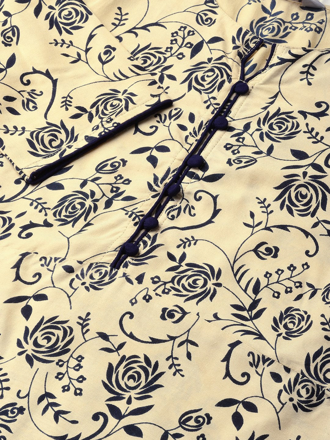 Jompers Women Cream-Coloured & Navy Blue Printed A-Line Kurta | Grocsy