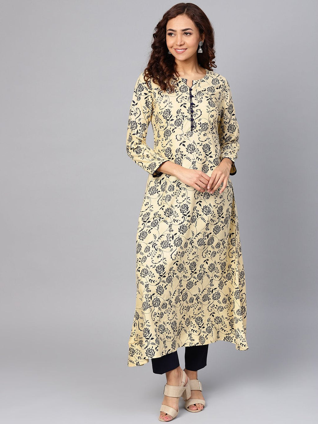 Jompers Women Cream-Coloured & Navy Blue Printed A-Line Kurta | Grocsy