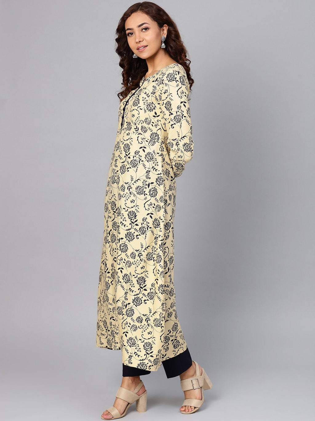 Jompers Women Cream-Coloured & Navy Blue Printed A-Line Kurta | Grocsy