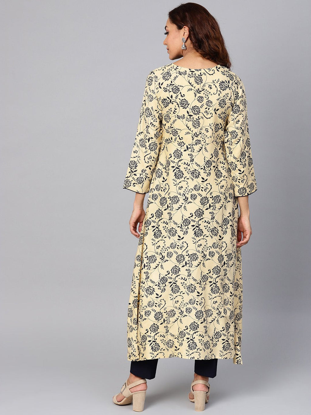 Jompers Women Cream-Coloured & Navy Blue Printed A-Line Kurta | Grocsy