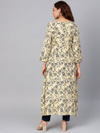 Jompers Women Cream-Coloured & Navy Blue Printed A-Line Kurta | Grocsy