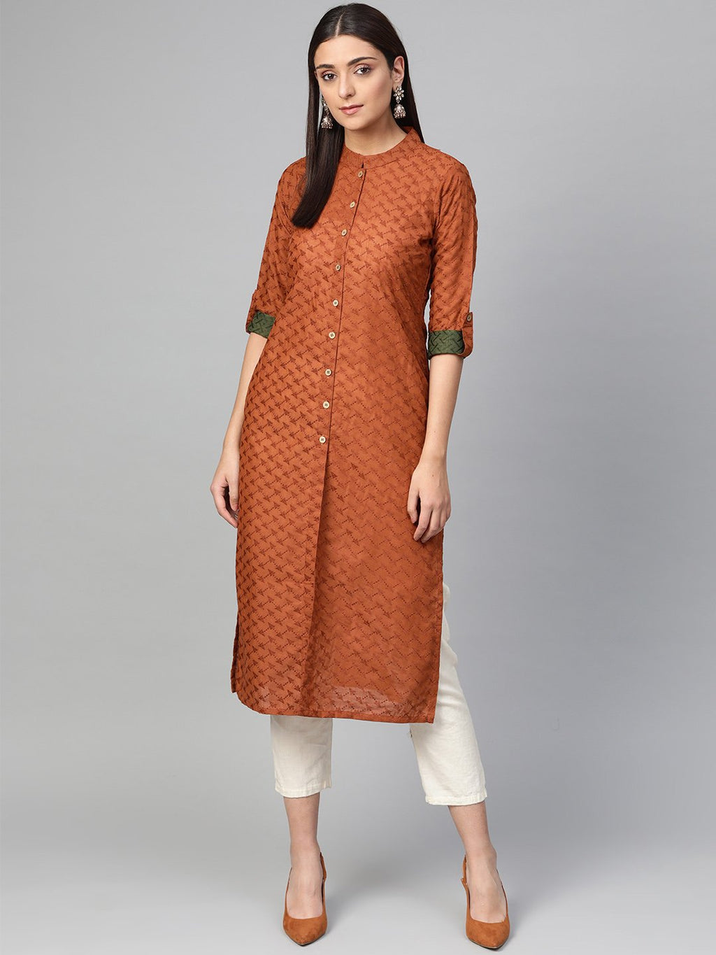 Jompers Women Rust Brown Embroidered Straight Kurta | Grocsy