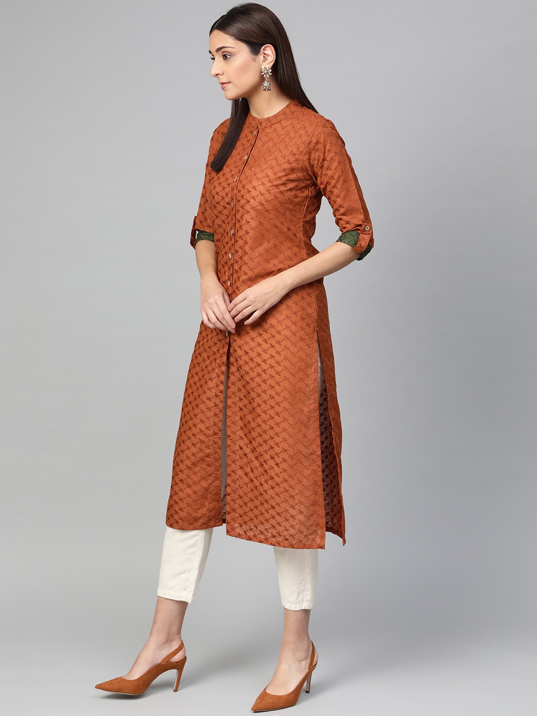 Jompers Women Rust Brown Embroidered Straight Kurta | Grocsy