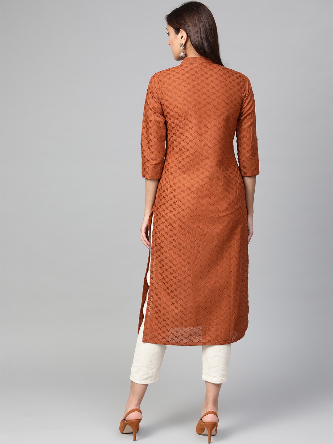 Jompers Women Rust Brown Embroidered Straight Kurta | Grocsy