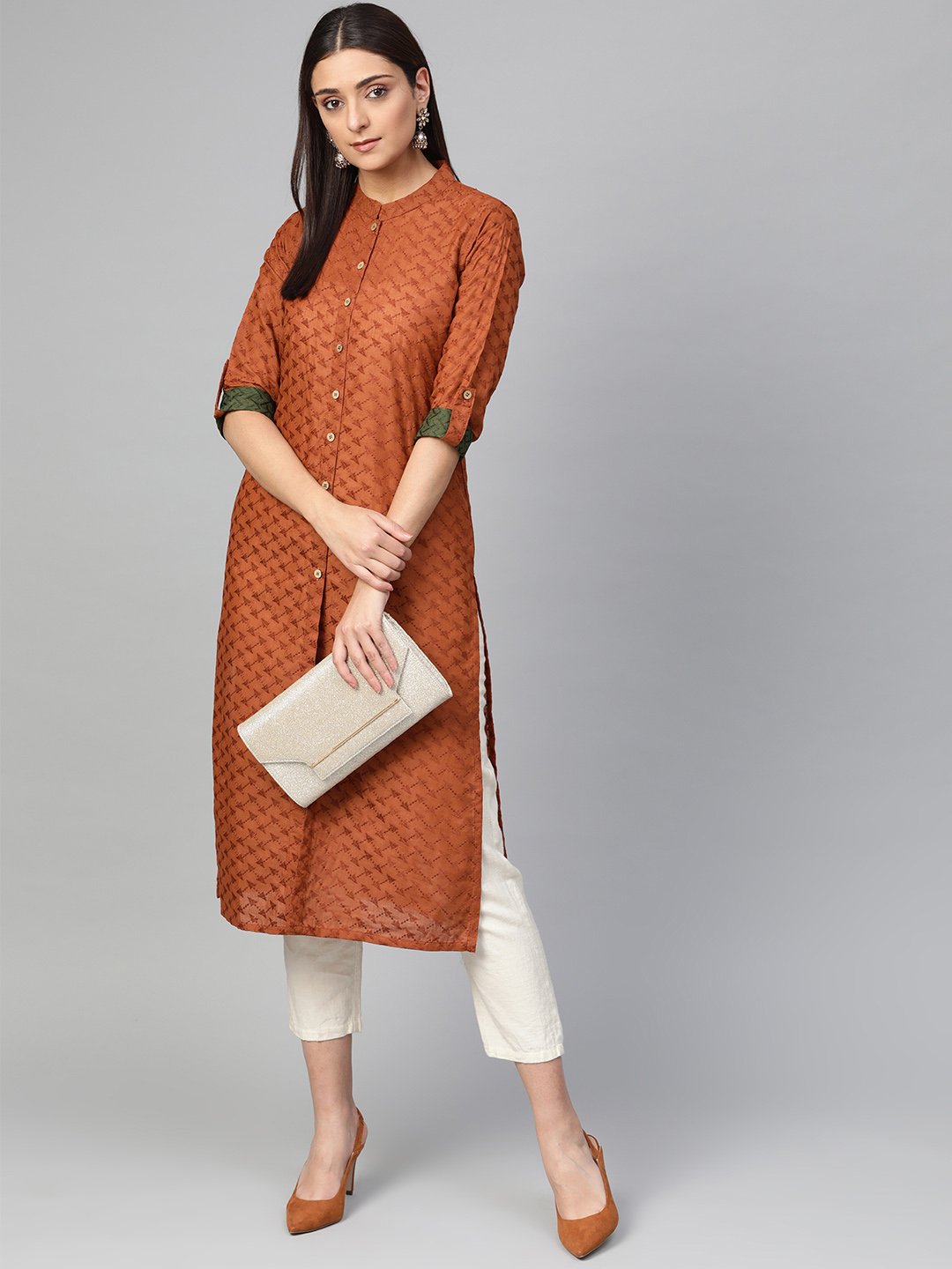 Jompers Women Rust Brown Embroidered Straight Kurta | Grocsy