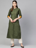 Jompers Women Olive Green Woven Design Straight Kurta | Grocsy