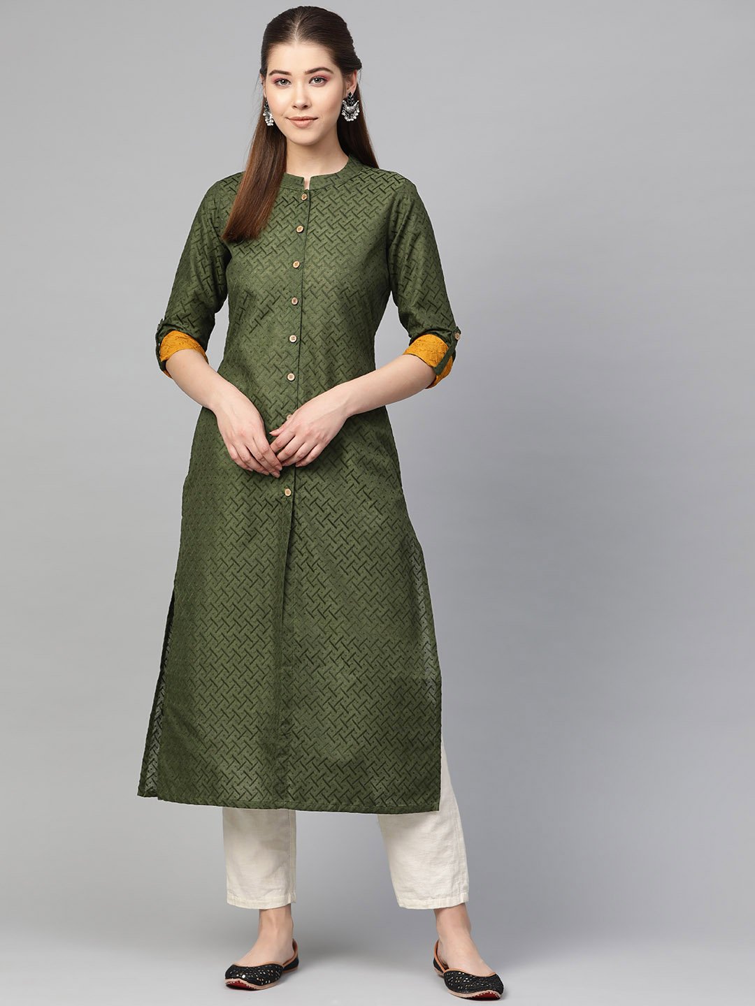 Jompers Women Olive Green Woven Design Straight Kurta | Grocsy