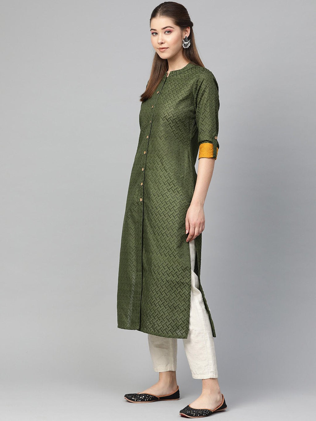 Jompers Women Olive Green Woven Design Straight Kurta | Grocsy