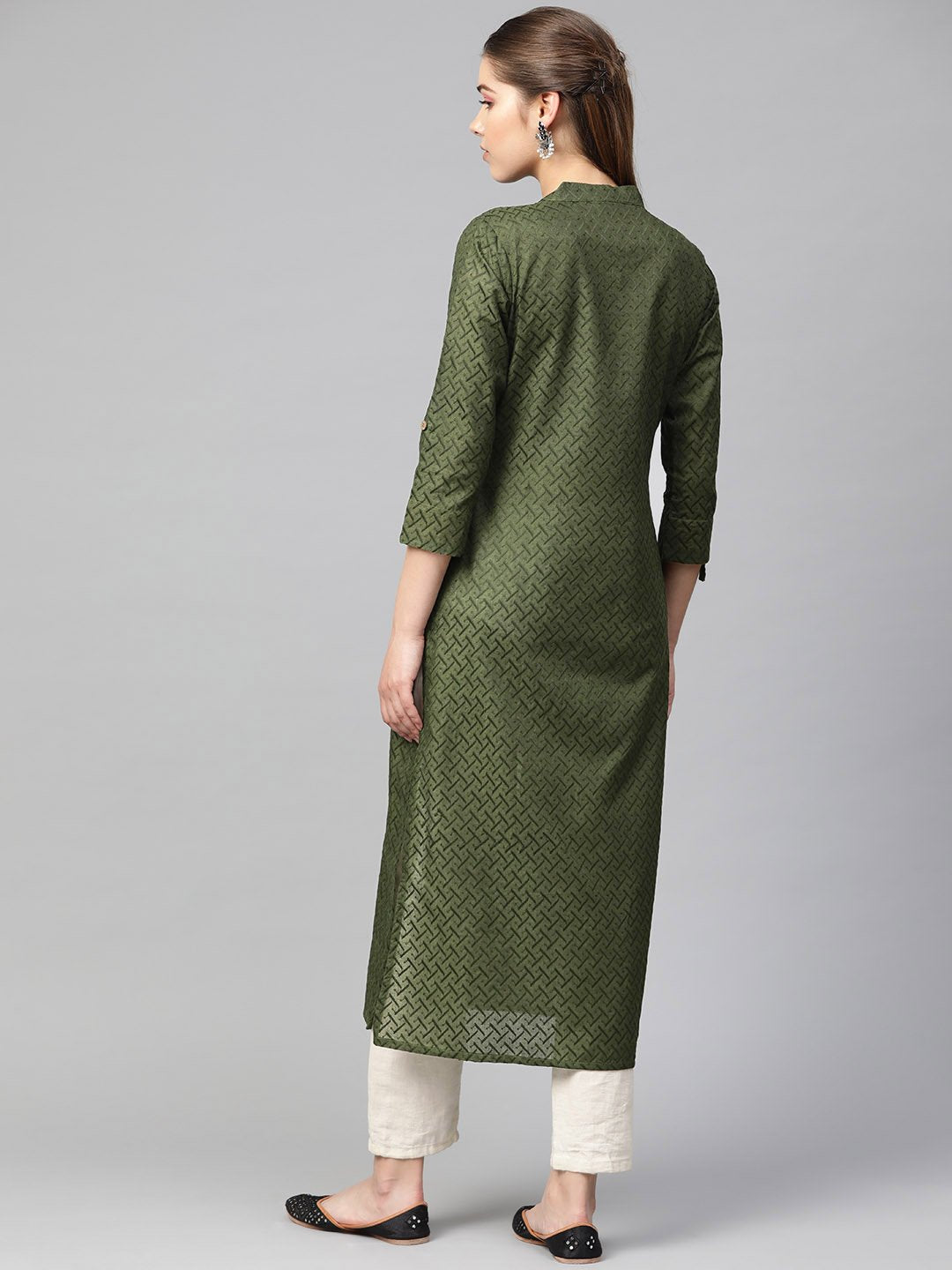 Jompers Women Olive Green Woven Design Straight Kurta | Grocsy