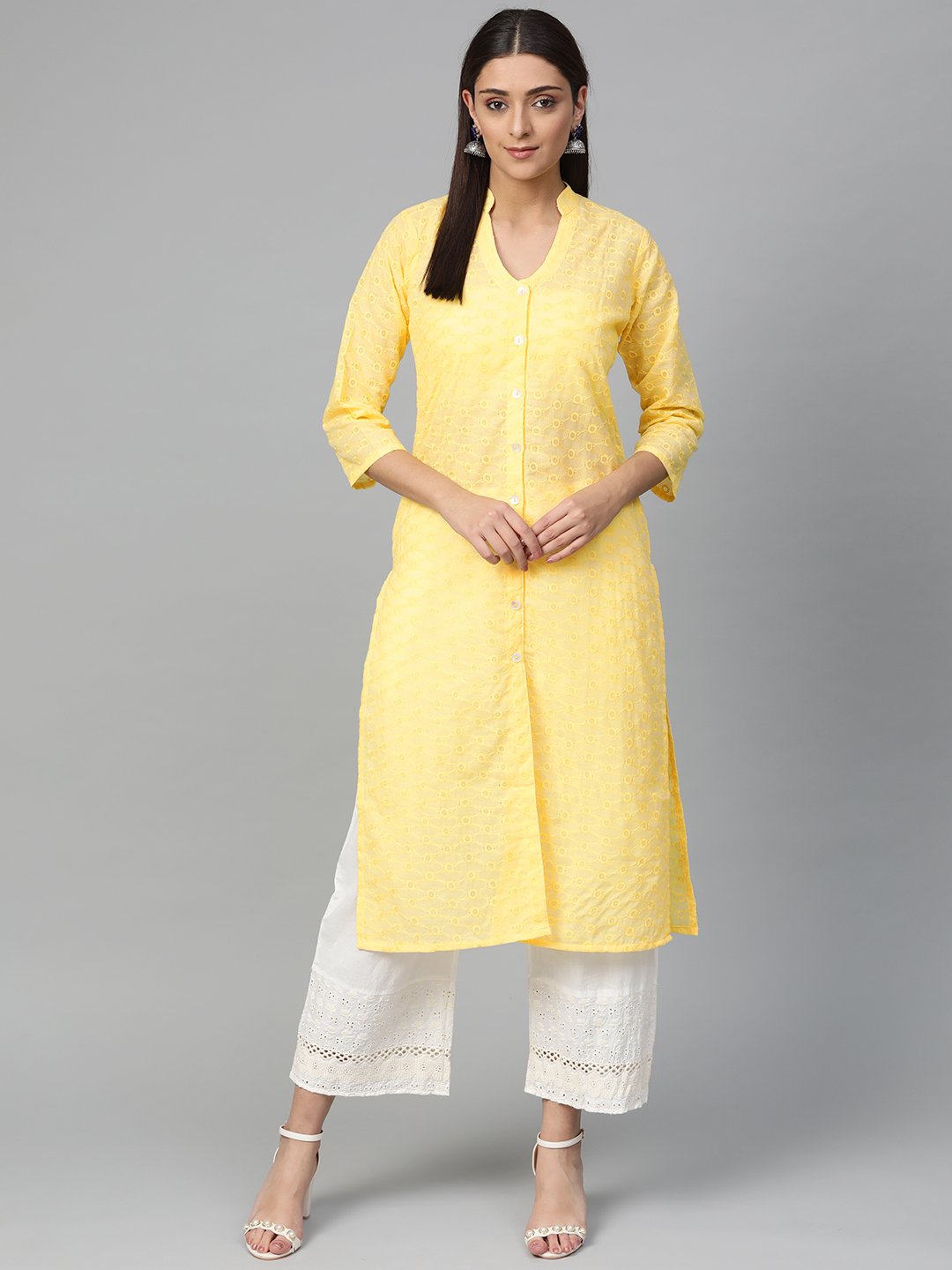 Jompers Women Yellow Chikankari Embroidered Semi-Sheer Straight Kurta | Grocsy