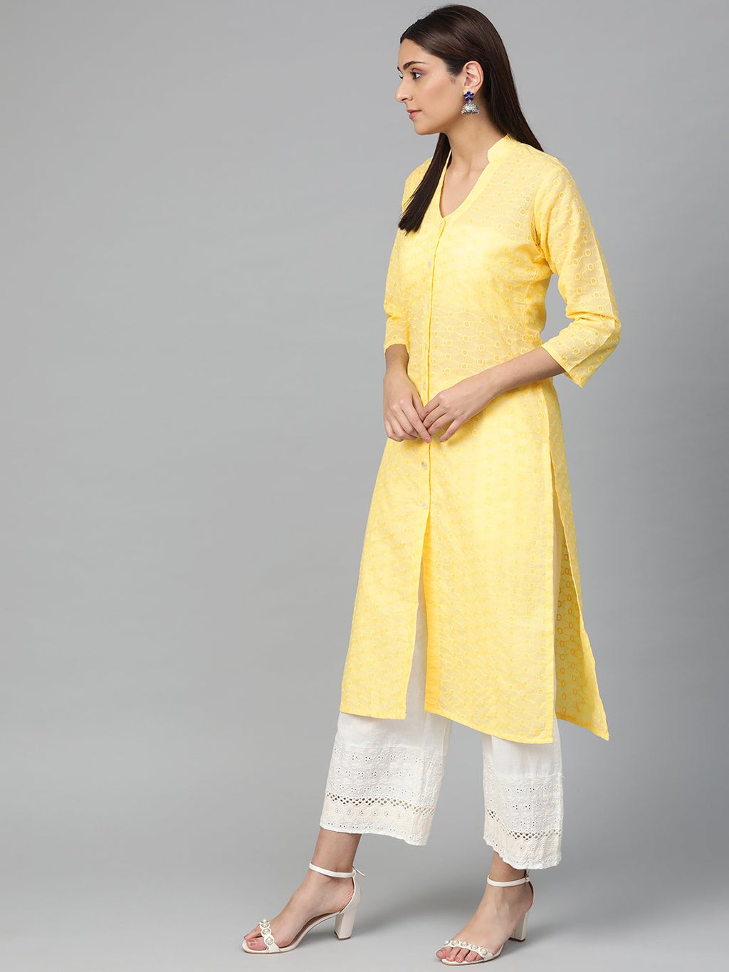 Jompers Women Yellow Chikankari Embroidered Semi-Sheer Straight Kurta | Grocsy