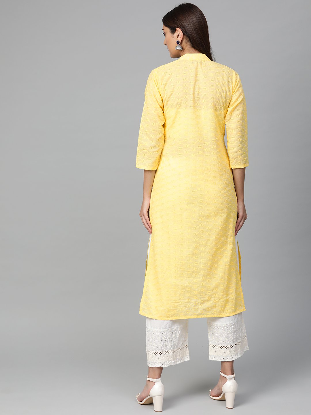 Jompers Women Yellow Chikankari Embroidered Semi-Sheer Straight Kurta | Grocsy