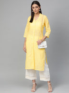 Jompers Women Yellow Chikankari Embroidered Semi-Sheer Straight Kurta | Grocsy