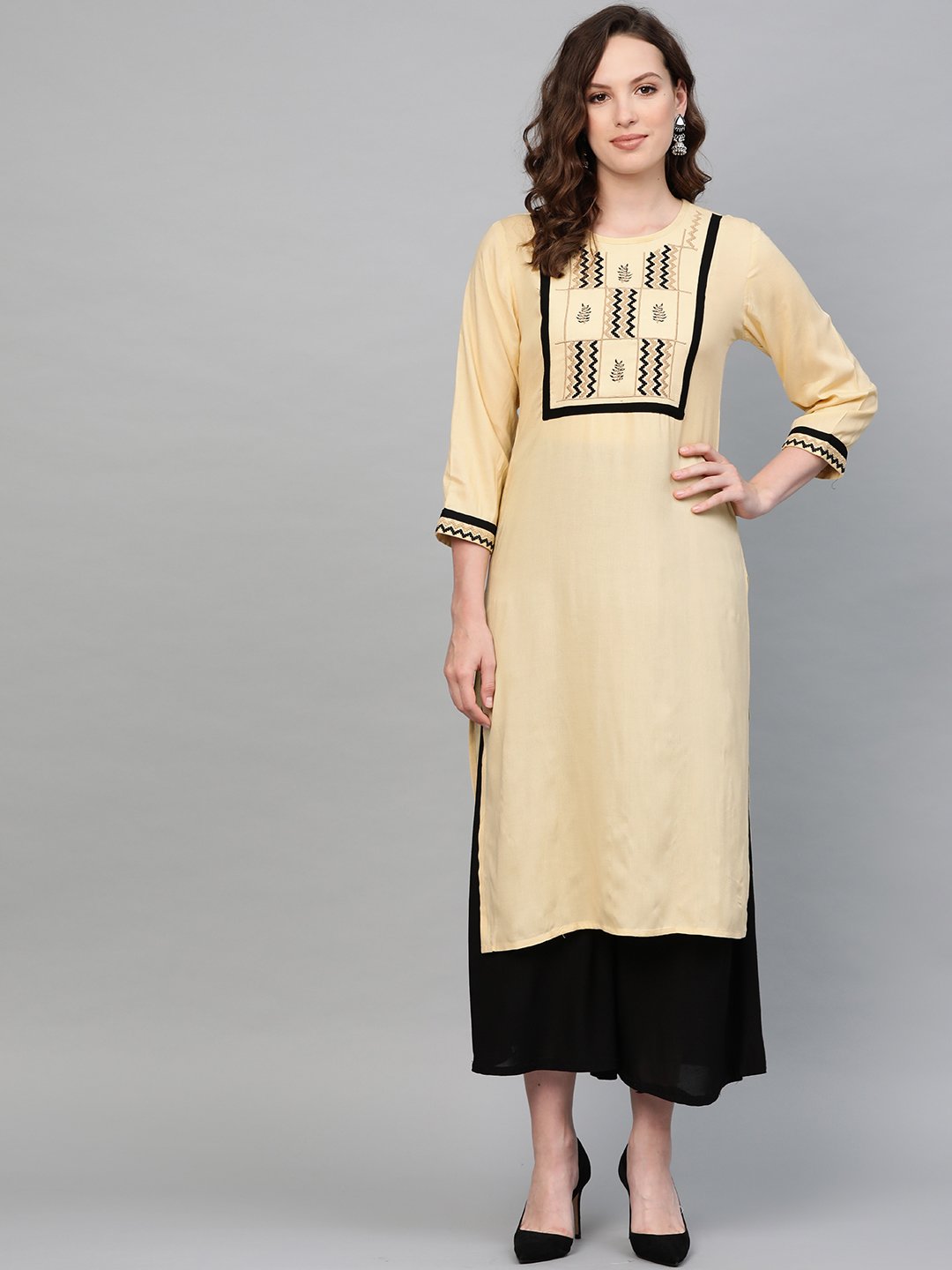 Jompers Women Cream-Coloured Yoke Design Straight Kurta | Grocsy