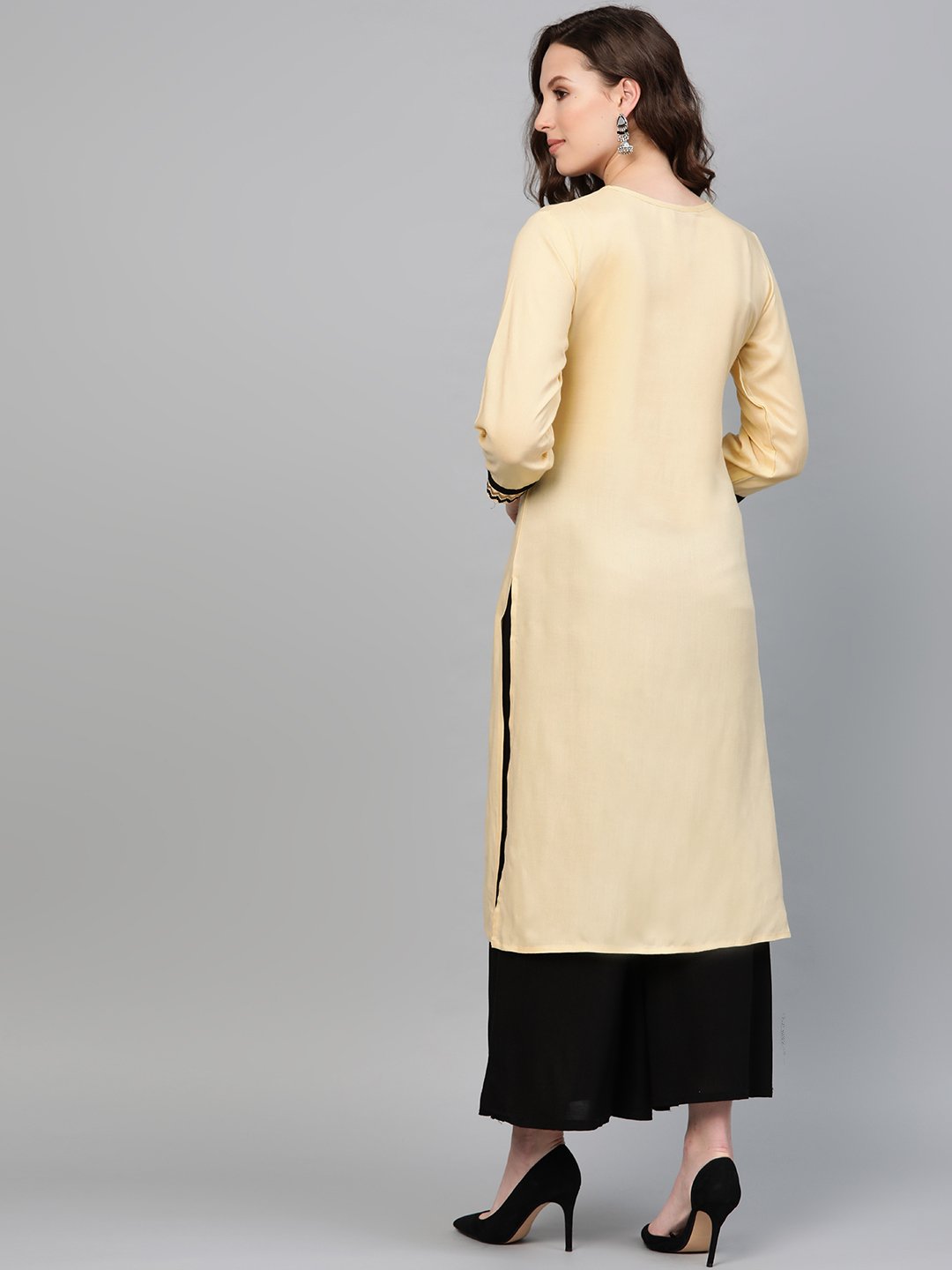 Jompers Women Cream-Coloured Yoke Design Straight Kurta | Grocsy