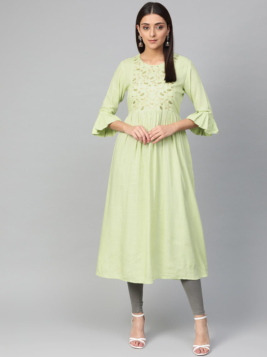 Jompers Women Green & Golden Yoke Design A-Line Kurta | Grocsy