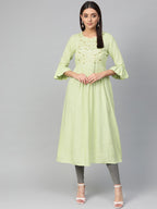 Jompers Women Green & Golden Yoke Design A-Line Kurta | Grocsy