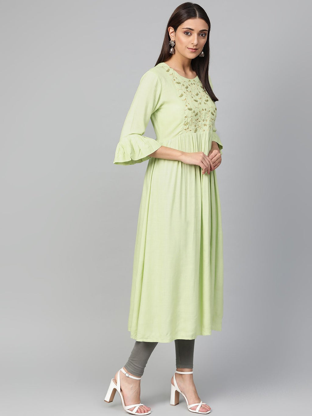 Jompers Women Green & Golden Yoke Design A-Line Kurta | Grocsy