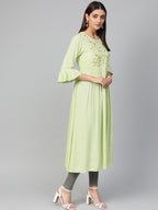 Jompers Women Green & Golden Yoke Design A-Line Kurta | Grocsy