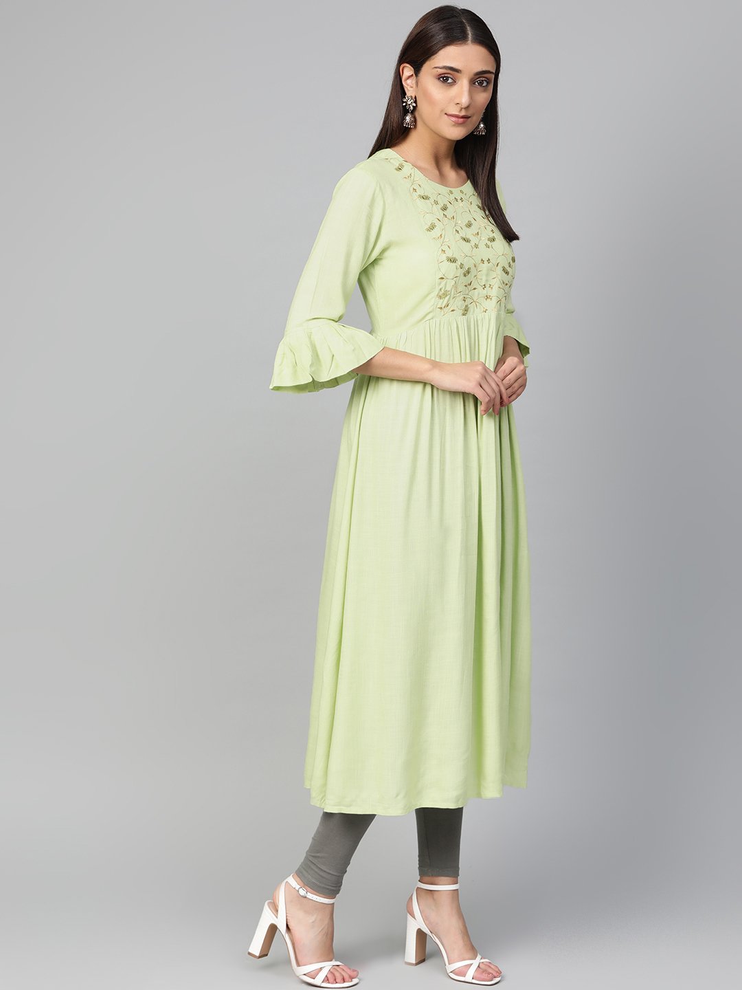 Jompers Women Green & Golden Yoke Design A-Line Kurta | Grocsy