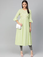 Jompers Women Green & Golden Yoke Design A-Line Kurta | Grocsy