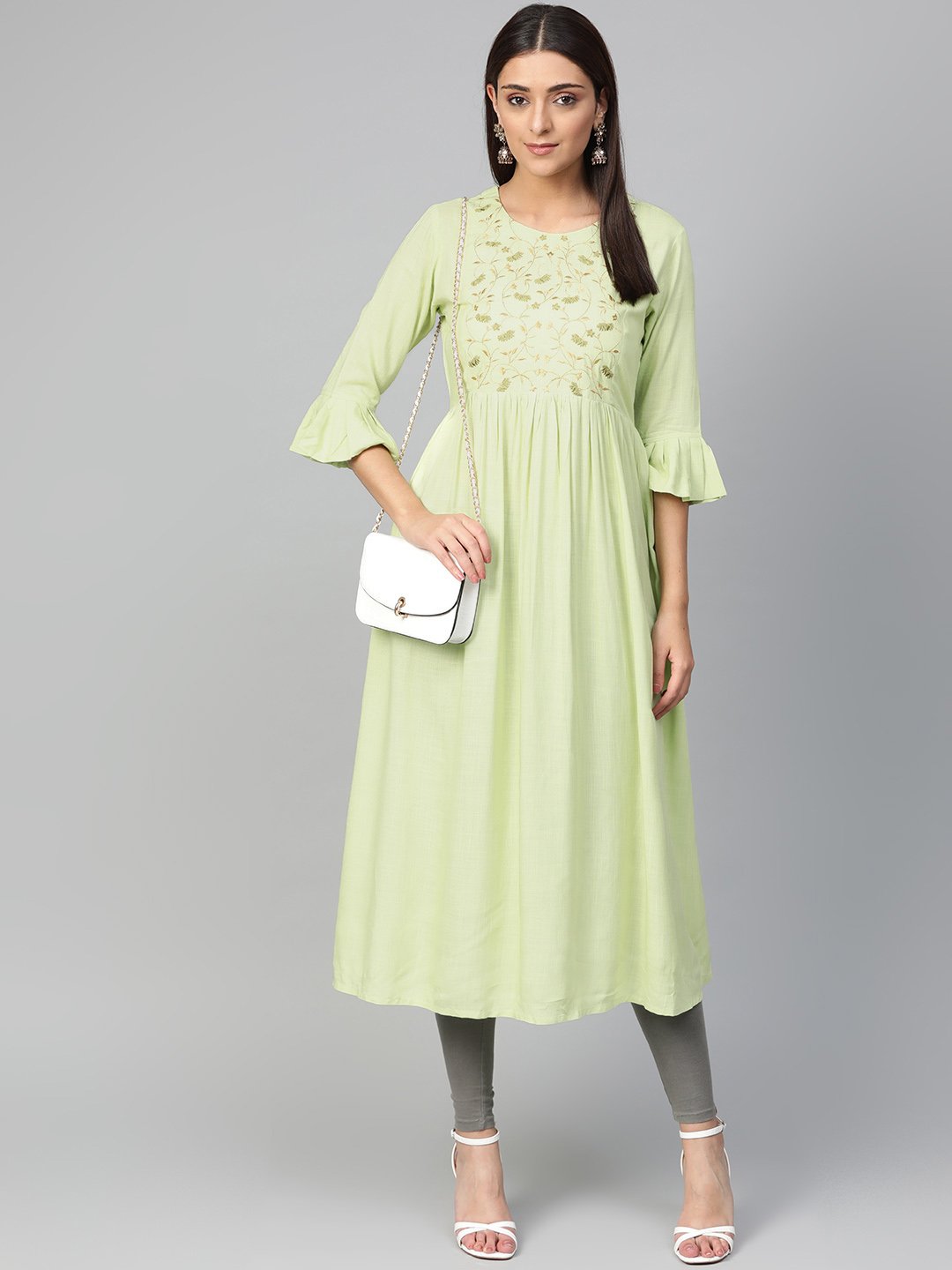 Jompers Women Green & Golden Yoke Design A-Line Kurta | Grocsy