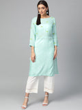 Jompers Women Blue Yoke Design Straight Kurta (Aqua) | Grocsy