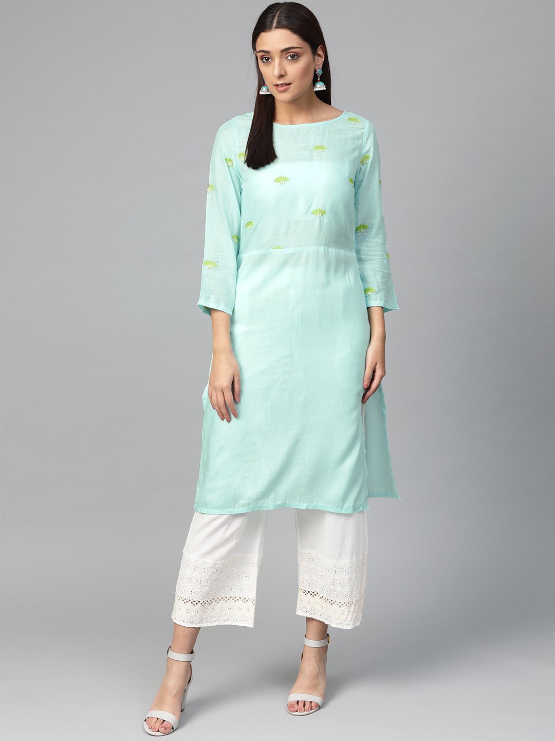 Jompers Women Blue Yoke Design Straight Kurta (Aqua) | Grocsy