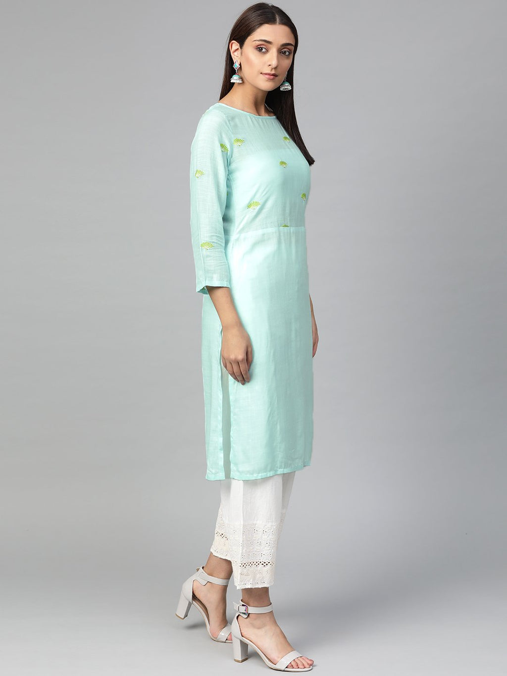Jompers Women Blue Yoke Design Straight Kurta (Aqua) | Grocsy
