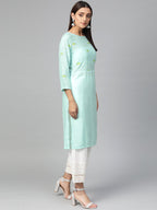 Jompers Women Blue Yoke Design Straight Kurta (Aqua) | Grocsy