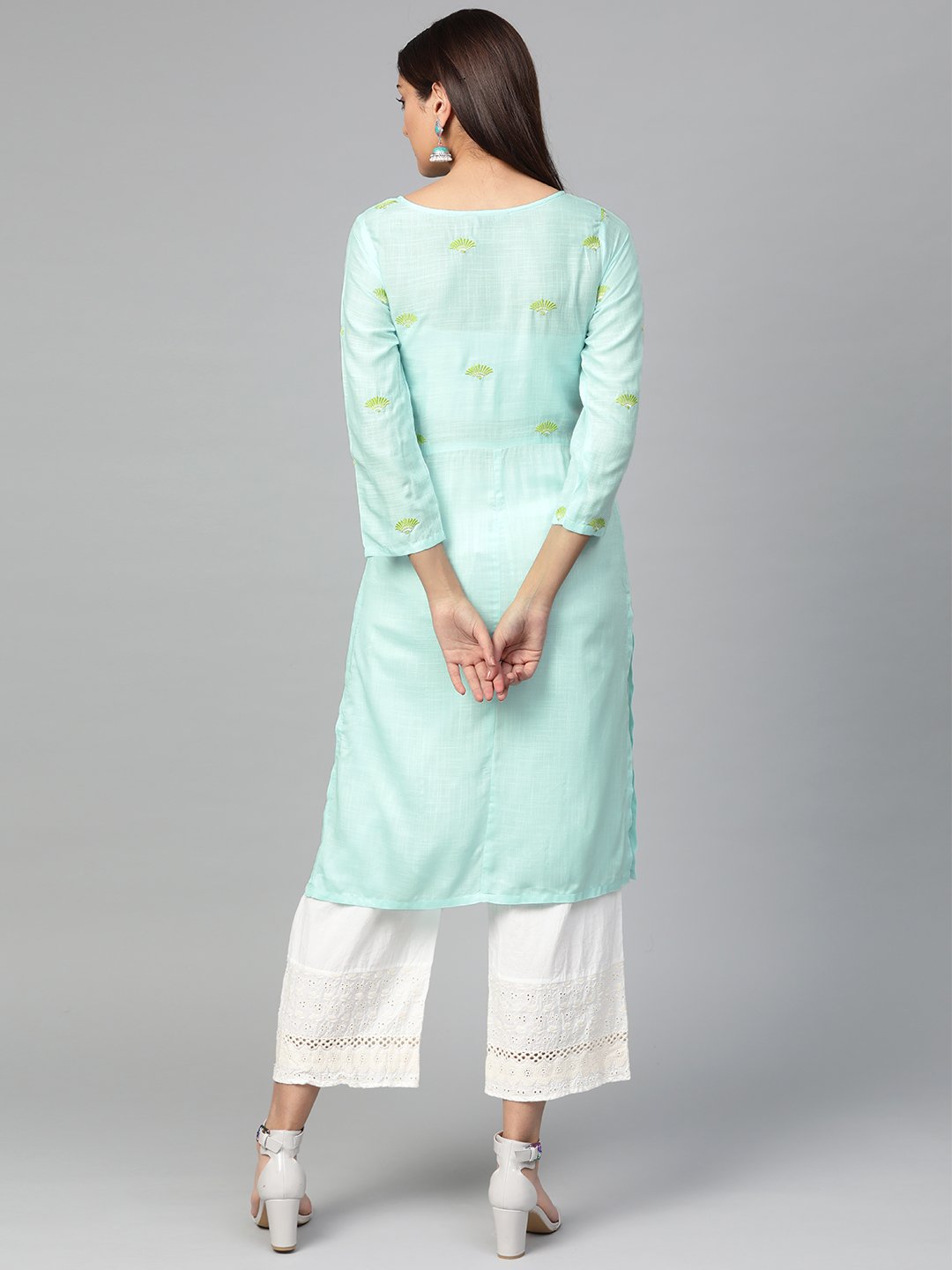 Jompers Women Blue Yoke Design Straight Kurta (Aqua) | Grocsy