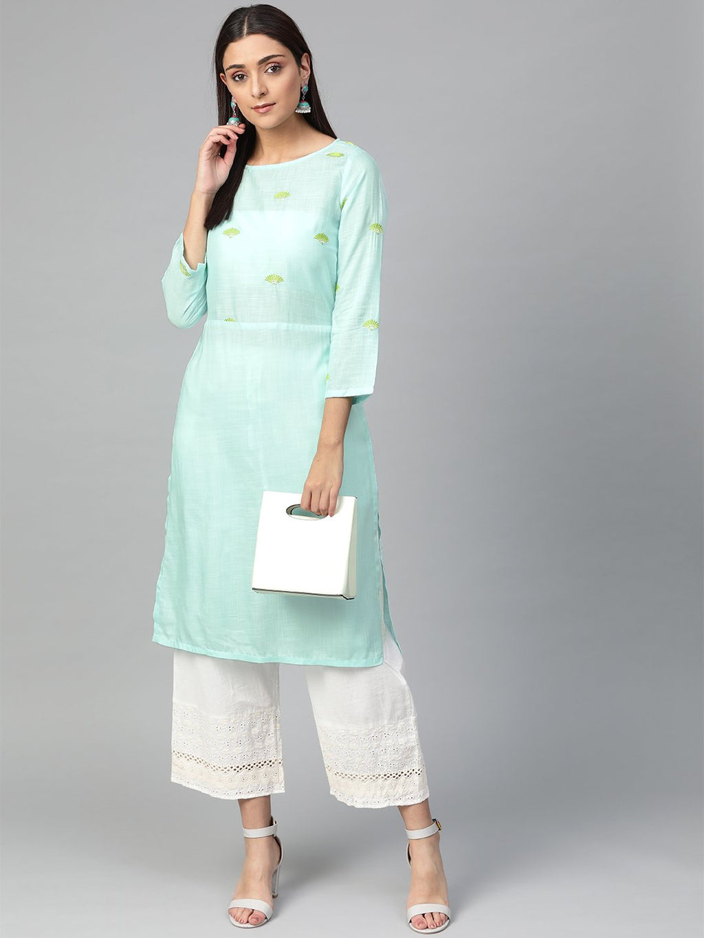 Jompers Women Blue Yoke Design Straight Kurta (Aqua) | Grocsy