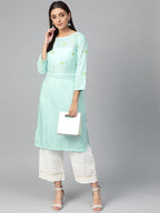 Jompers Women Blue Yoke Design Straight Kurta (Aqua) | Grocsy