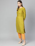Jompers Women Green Yoke Design Straight Kurta ( Olive ) | Grocsy