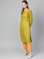 Jompers Women Green Yoke Design Straight Kurta ( Olive ) | Grocsy