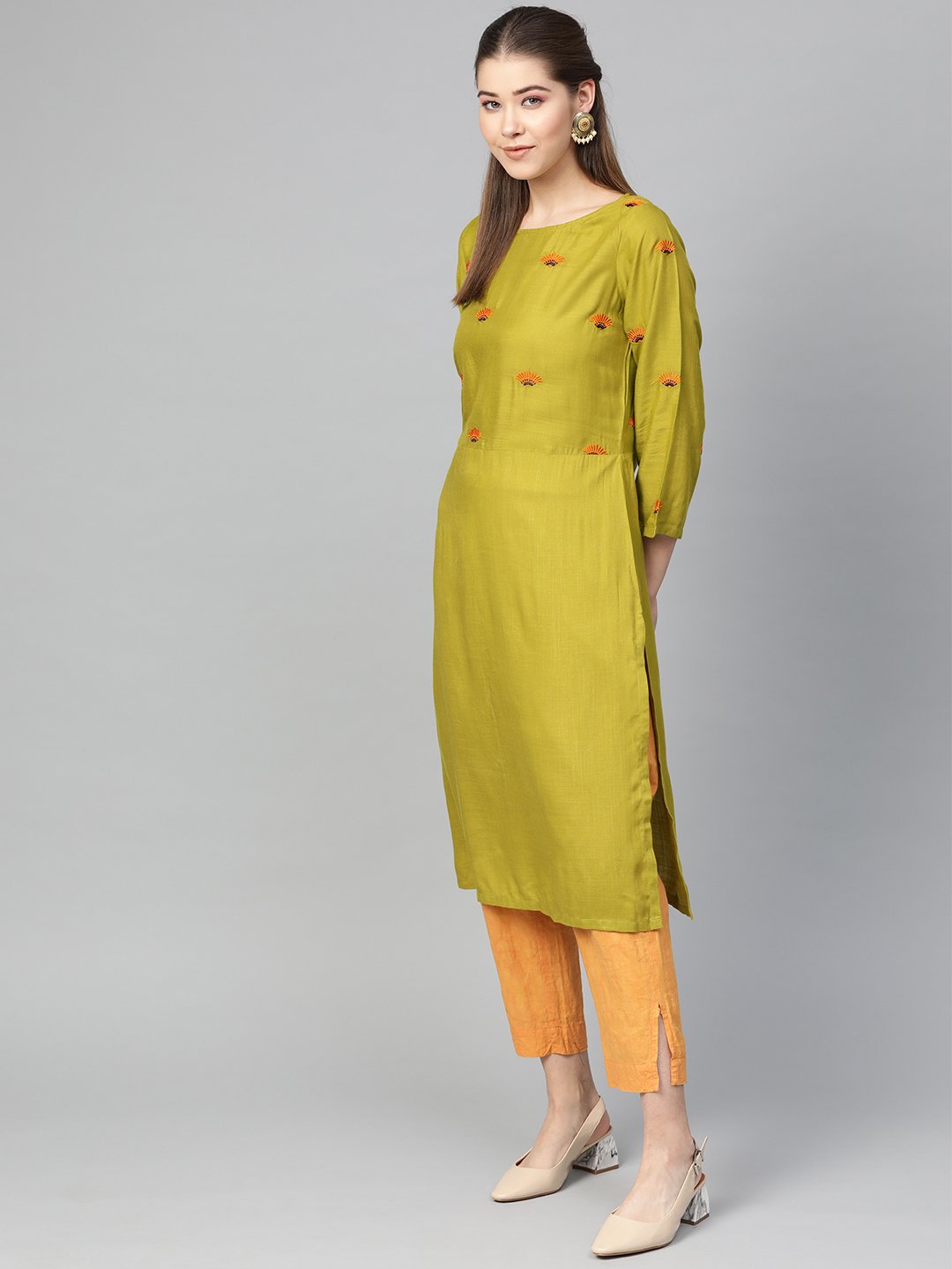 Jompers Women Green Yoke Design Straight Kurta ( Olive ) | Grocsy
