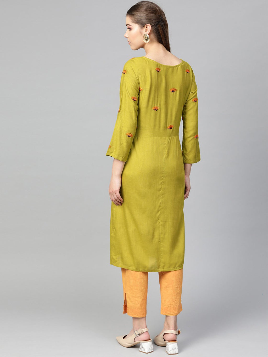 Jompers Women Green Yoke Design Straight Kurta ( Olive ) | Grocsy