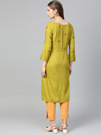 Jompers Women Green Yoke Design Straight Kurta ( Olive ) | Grocsy