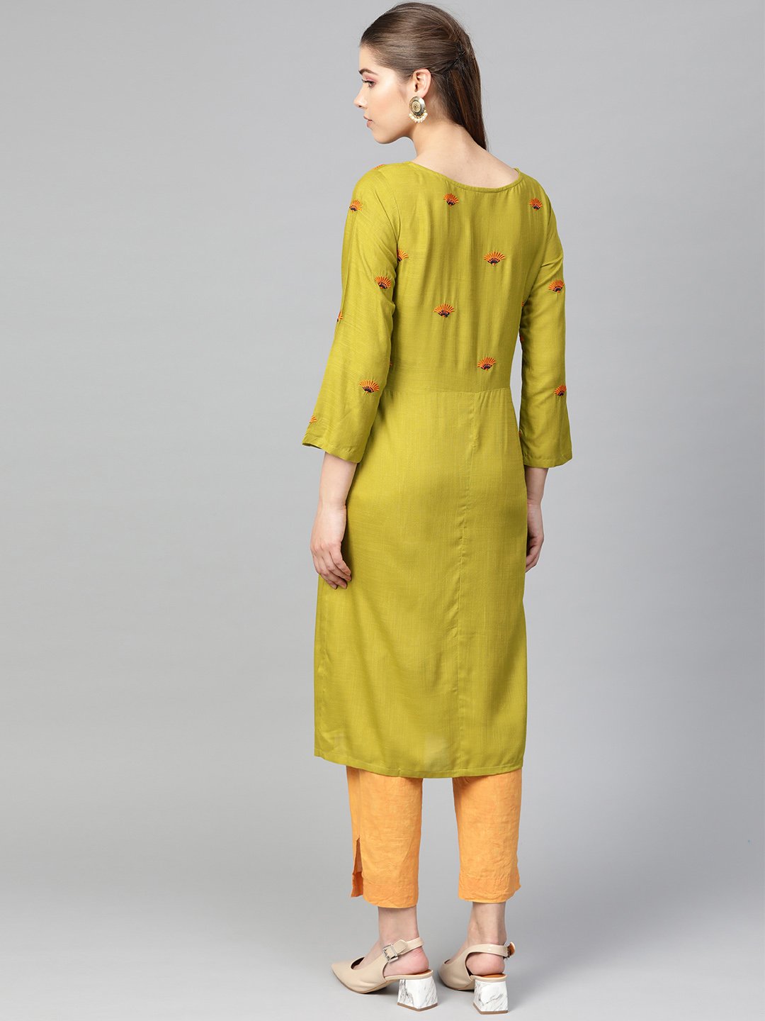 Jompers Women Green Yoke Design Straight Kurta ( Olive ) | Grocsy