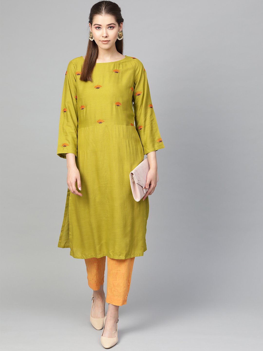 Jompers Women Green Yoke Design Straight Kurta ( Olive ) | Grocsy