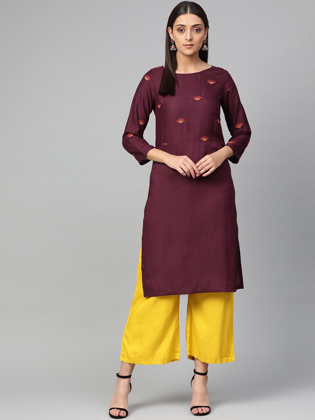 Jompers Women Purple Yoke Design Straight Kurta | Grocsy