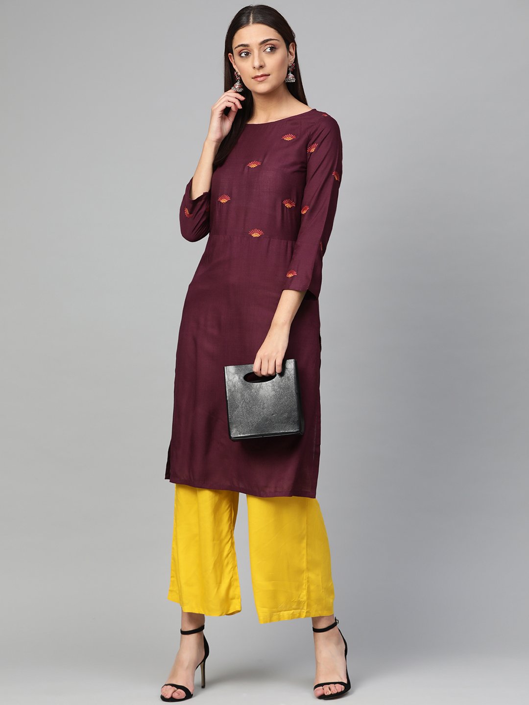 Jompers Women Purple Yoke Design Straight Kurta | Grocsy