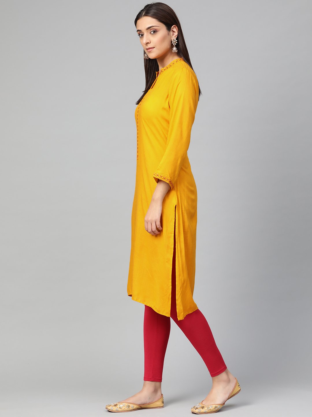 Jompers Women Mustard Embroidered Straight Kurta | Grocsy