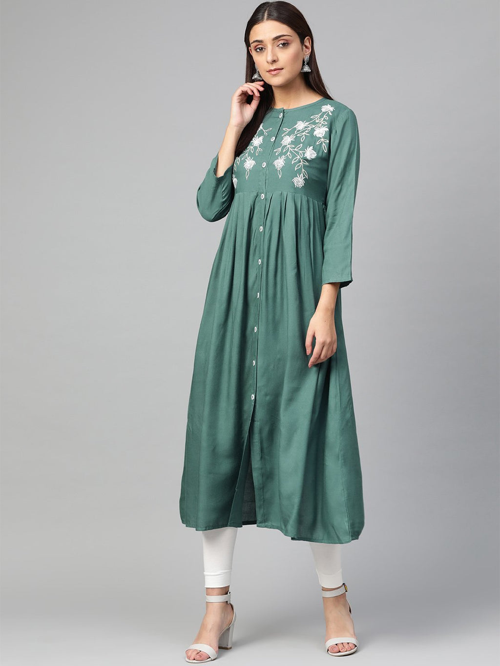 Jompers Women Green & White Yoke Design A-Line Kurta (Teal) | Grocsy