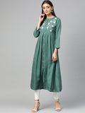 Jompers Women Green & White Yoke Design A-Line Kurta (Teal) | Grocsy